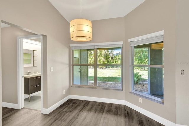 unfurnished dining area with hardwood / wood-style flooring and lofted ceiling