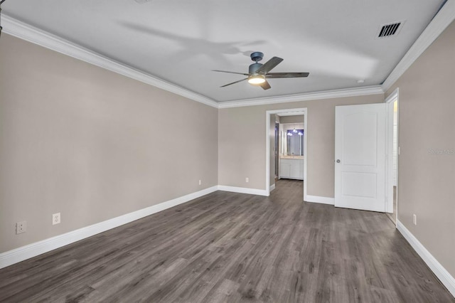 unfurnished room featuring crown molding, ceiling fan, and dark wood-type flooring