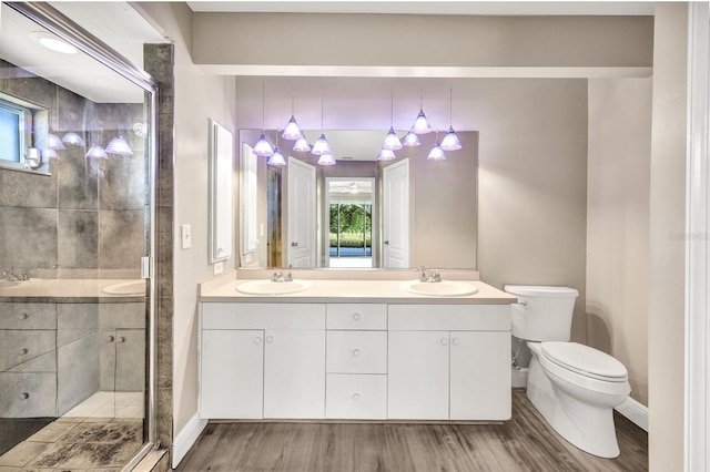 bathroom featuring vanity, toilet, wood-type flooring, and walk in shower