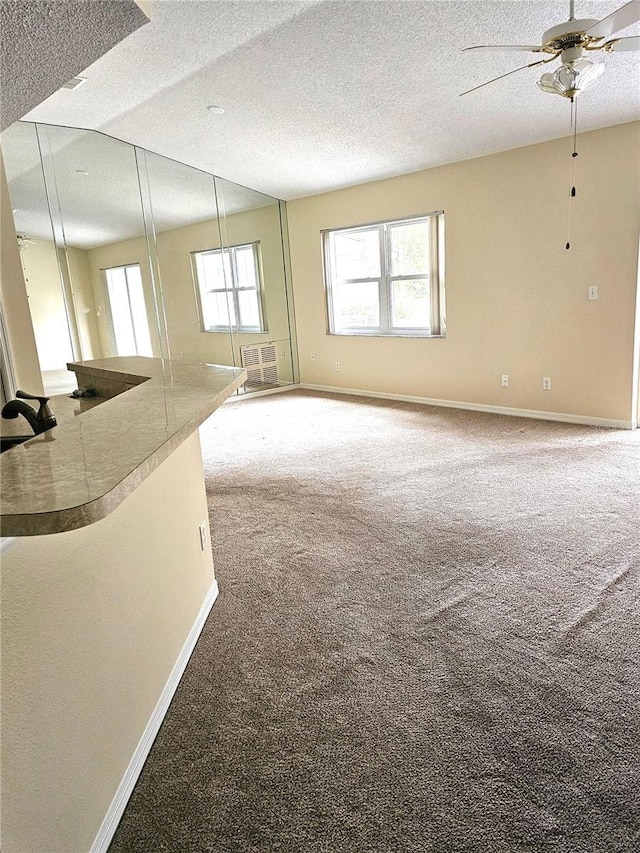 empty room featuring ceiling fan, carpet, and a textured ceiling