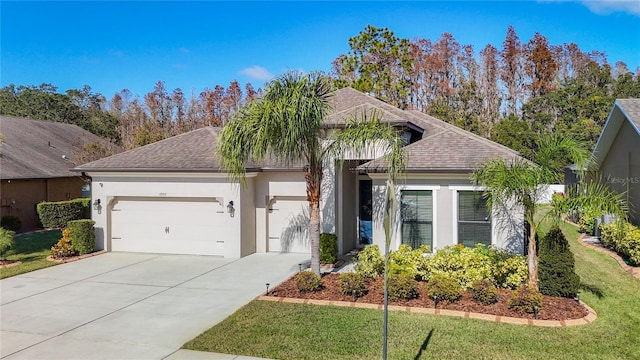 view of front of house with a front yard and a garage