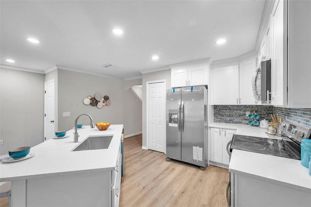 kitchen with a kitchen island with sink, backsplash, white cabinets, appliances with stainless steel finishes, and sink