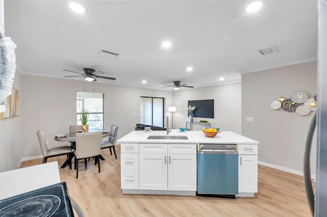 kitchen with stainless steel dishwasher, light hardwood / wood-style floors, crown molding, white cabinets, and sink