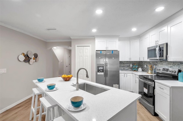 kitchen with stainless steel appliances, sink, white cabinets, decorative backsplash, and a kitchen island with sink