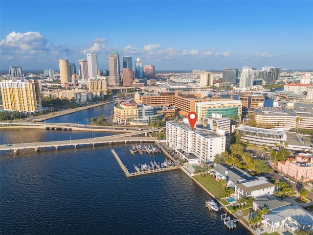 drone / aerial view featuring a water view