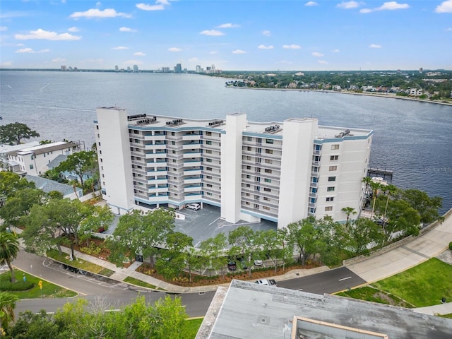 drone / aerial view with a water view