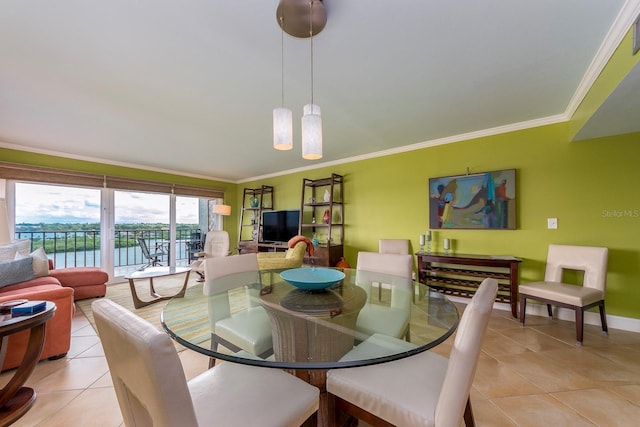 tiled dining area with crown molding