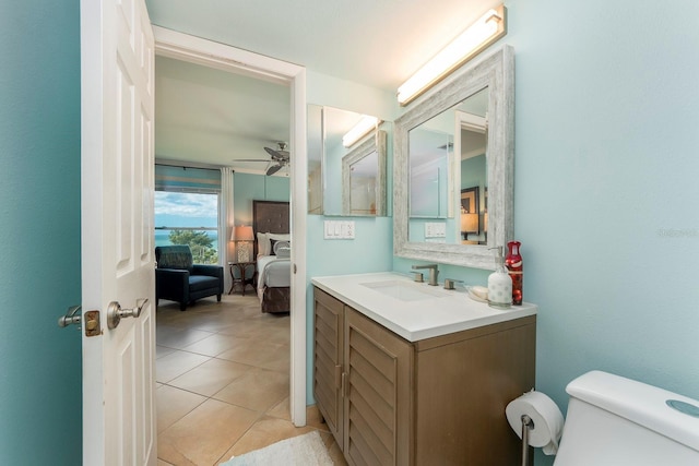 bathroom featuring tile patterned flooring, vanity, ceiling fan, and toilet