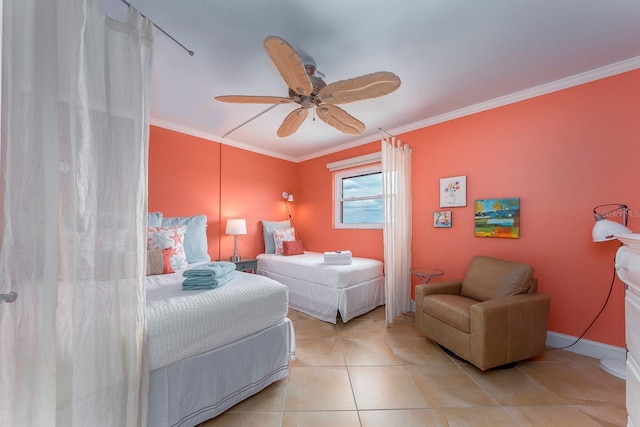 tiled bedroom featuring crown molding and ceiling fan