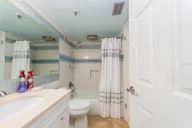 full bathroom with shower / bathtub combination with curtain, tile patterned flooring, vanity, decorative backsplash, and toilet