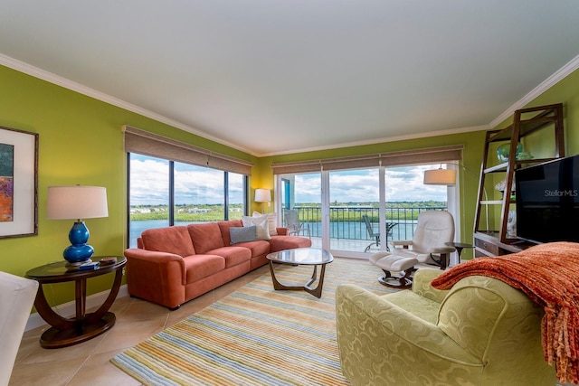 living room featuring ornamental molding and light tile patterned floors