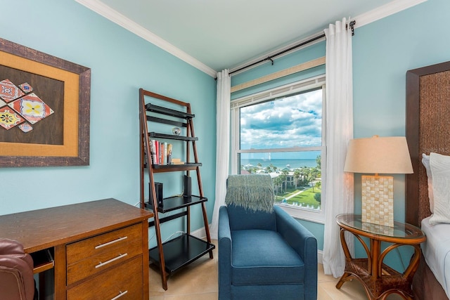 sitting room featuring ornamental molding and light tile patterned floors