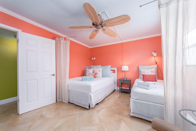 tiled bedroom with ornamental molding and ceiling fan