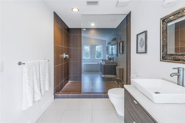 full bathroom featuring tile patterned floors, vanity, toilet, and plus walk in shower