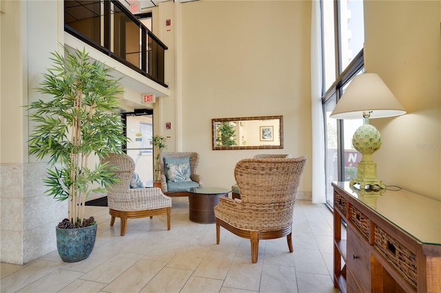 living area with a towering ceiling