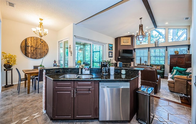 kitchen featuring dishwasher, sink, hanging light fixtures, dark brown cabinetry, and an inviting chandelier