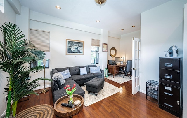 living room featuring dark wood-type flooring and french doors