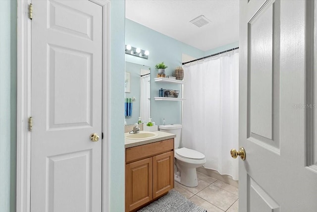 bathroom with curtained shower, tile patterned flooring, toilet, visible vents, and vanity