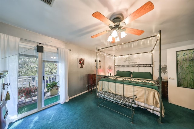 carpeted bedroom featuring access to outside and ceiling fan