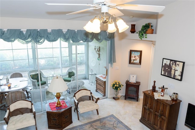 interior space featuring ceiling fan