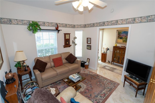 living room with ceiling fan