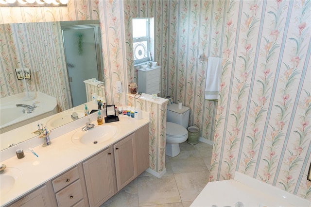 bathroom featuring vanity, walk in shower, tile patterned floors, and toilet