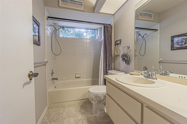 full bathroom featuring vanity, tile patterned flooring, shower / bathtub combination with curtain, and toilet