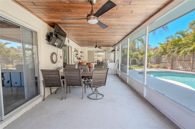 sunroom featuring ceiling fan and wood ceiling