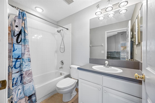 full bathroom with a textured ceiling, shower / bathtub combination with curtain, tile patterned flooring, toilet, and vanity