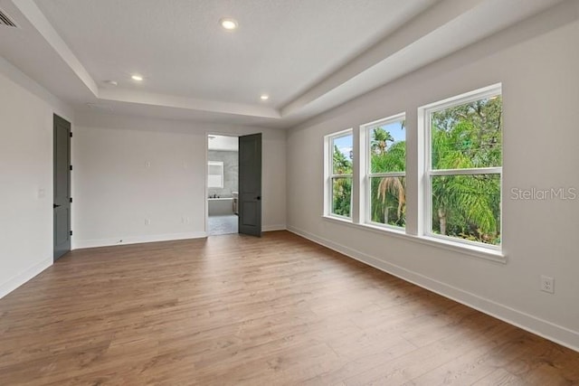 unfurnished room with wood-type flooring and a tray ceiling