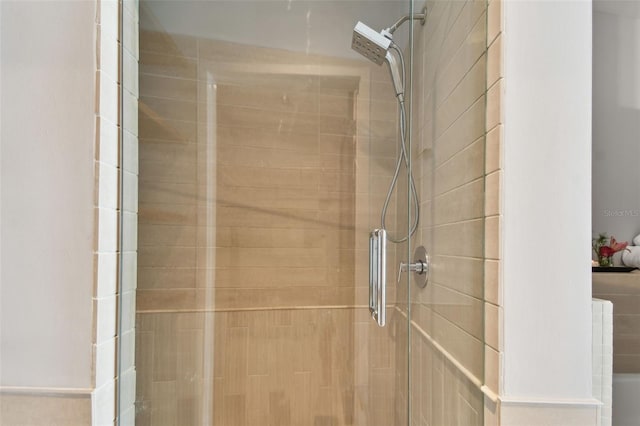 bathroom featuring a shower with shower door