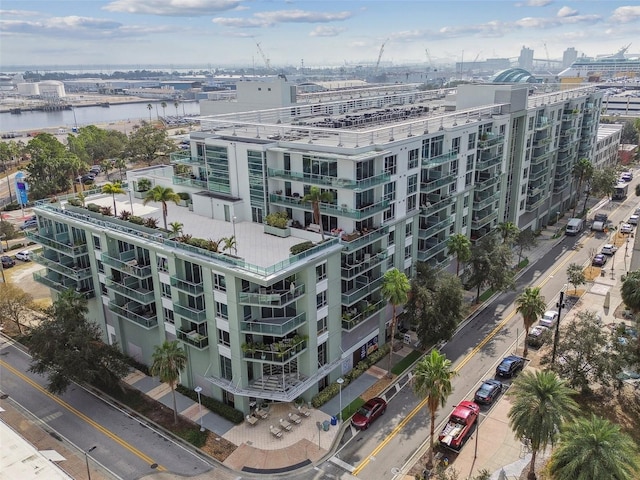 birds eye view of property with a water view