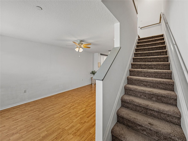 staircase featuring hardwood / wood-style floors and ceiling fan