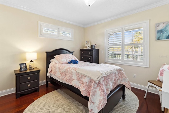 bedroom featuring dark hardwood / wood-style flooring and ornamental molding