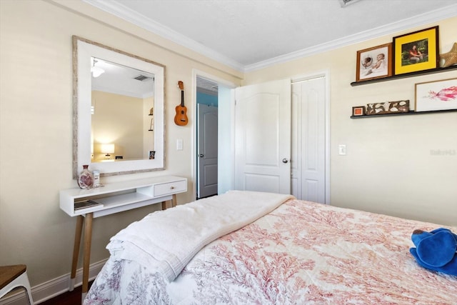 bedroom featuring a closet and ornamental molding