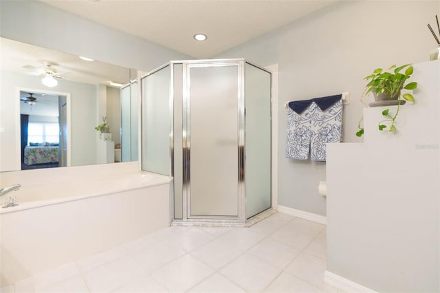 bathroom with tile patterned flooring and plus walk in shower