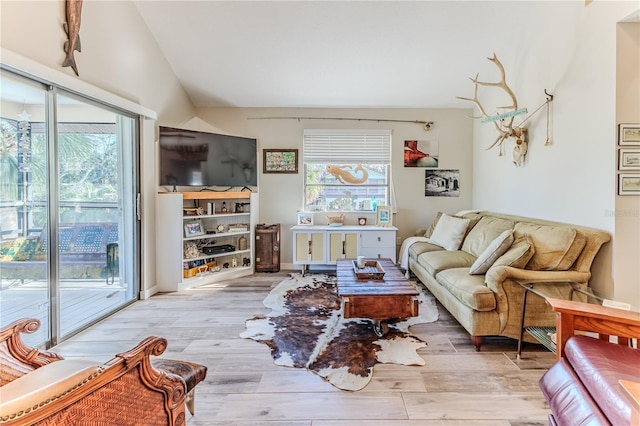 living room with a wealth of natural light and light hardwood / wood-style floors