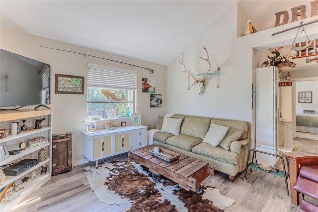 living room featuring vaulted ceiling and light hardwood / wood-style flooring