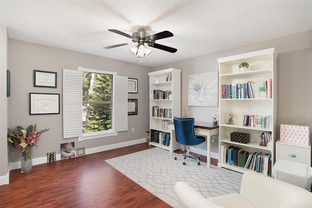 office with ceiling fan, dark hardwood / wood-style floors, and a textured ceiling