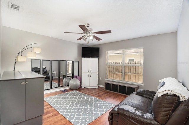 living room with wood-type flooring and ceiling fan