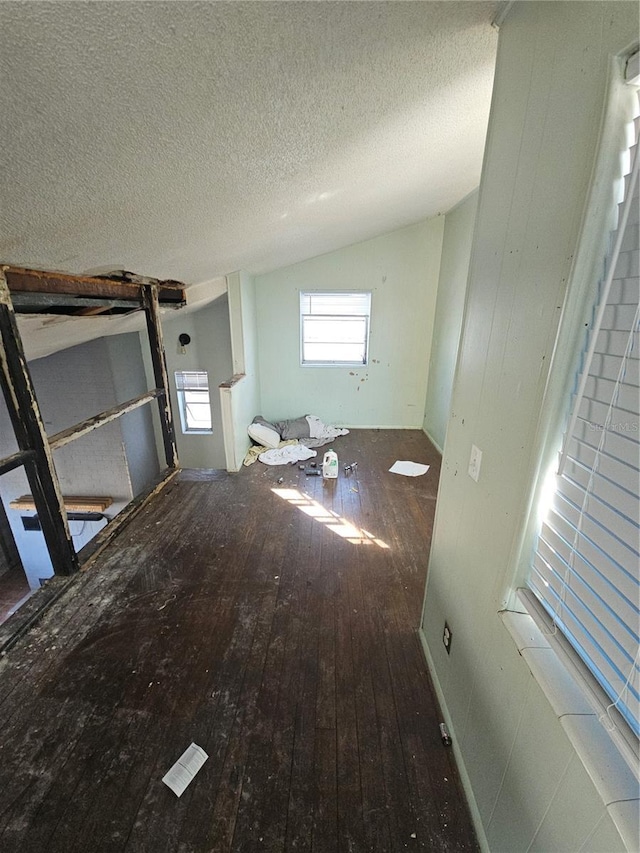 interior space with hardwood / wood-style flooring, a textured ceiling, and vaulted ceiling