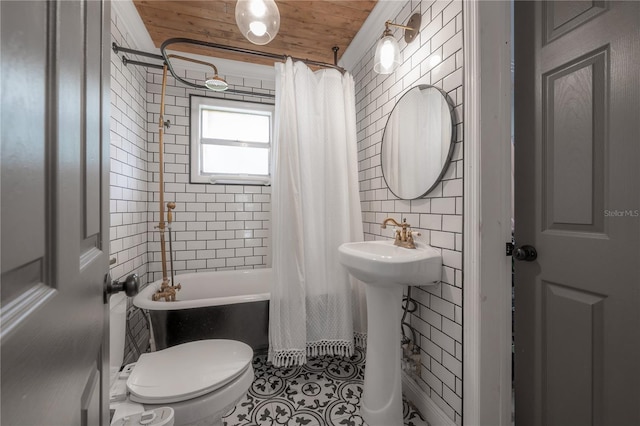 bathroom with toilet, tile patterned floors, wood ceiling, and shower / bath combo