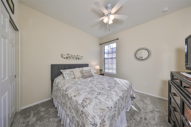 carpeted bedroom featuring a closet and ceiling fan