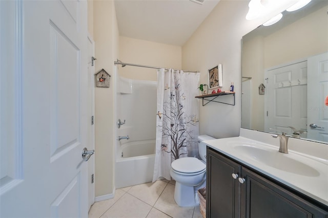 full bathroom featuring tile patterned floors, vanity, shower / tub combo, and toilet