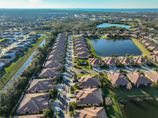 aerial view featuring a water view