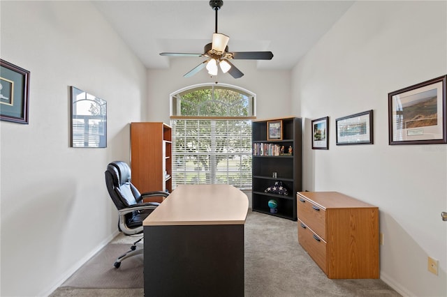 office featuring light colored carpet and ceiling fan