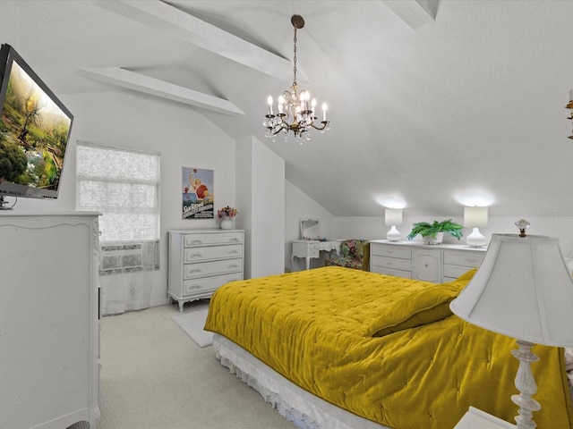 carpeted bedroom featuring cooling unit, lofted ceiling with beams, and an inviting chandelier