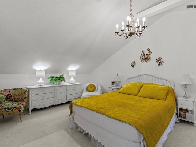 carpeted bedroom with lofted ceiling and a notable chandelier