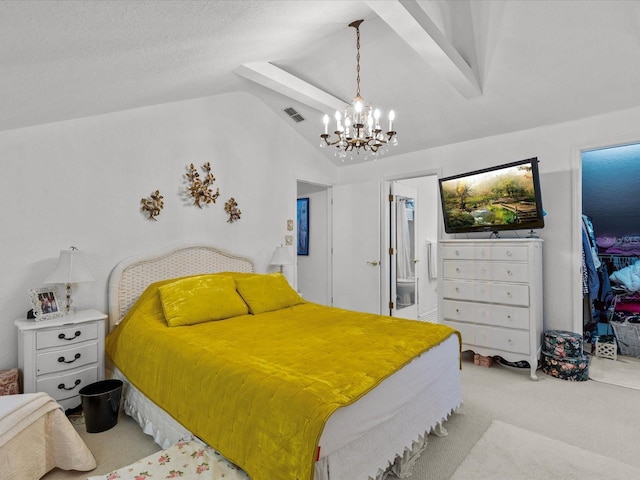 carpeted bedroom featuring ensuite bath, lofted ceiling with beams, a chandelier, and a textured ceiling