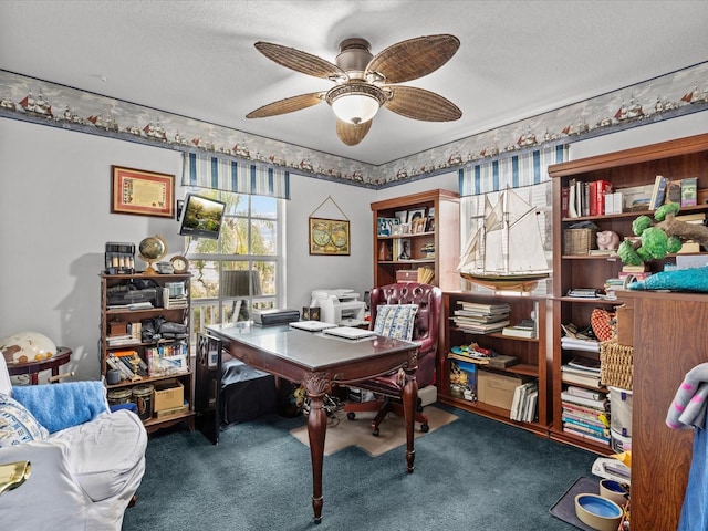 office featuring ceiling fan, a textured ceiling, and carpet floors